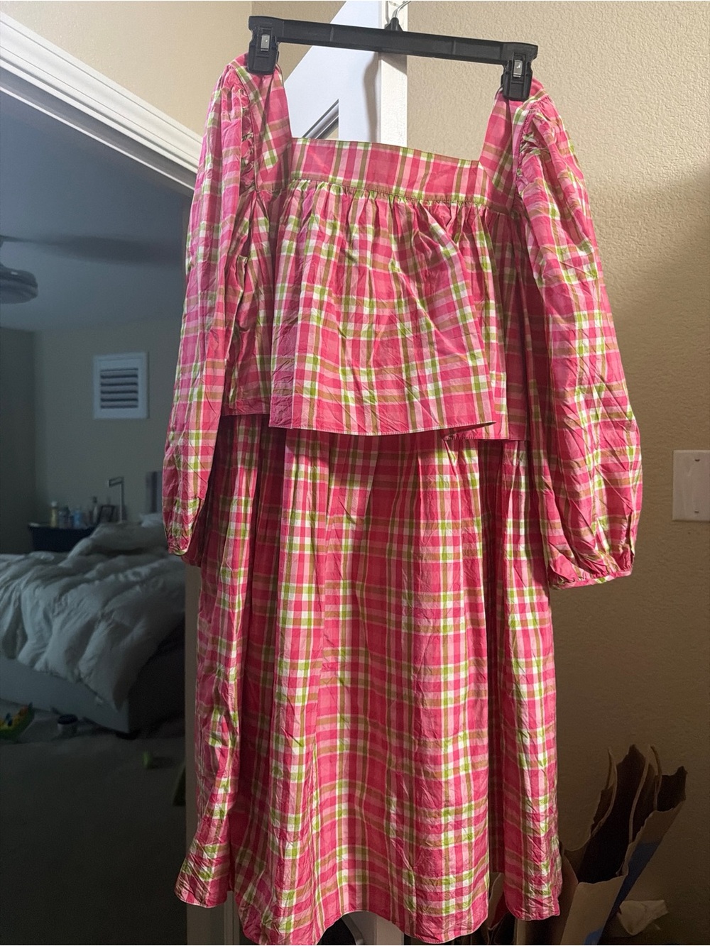 Michael Kors Collection Pink & Green Plaid Square Neck Midi Dress - Size 8